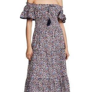 Tory Burch 100%Cotton Floral Print Smocked Waist Midi Dress On/Off the Shoulder